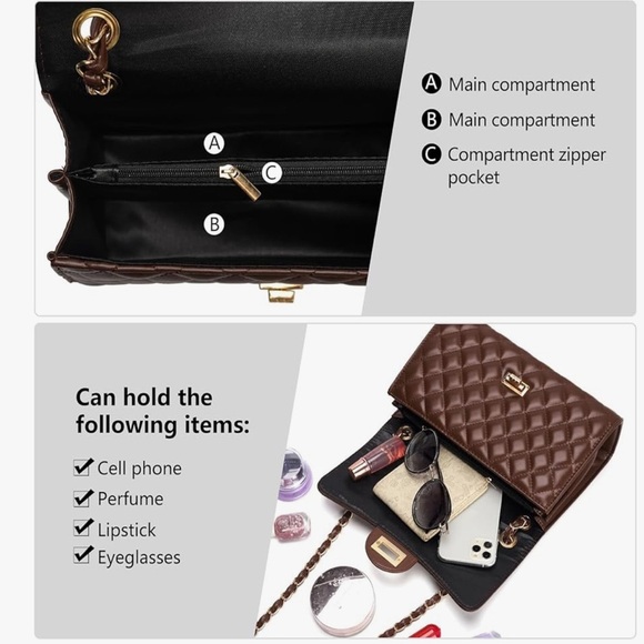 Elegant Brown Quilted Handbag - Vegan Leather - Picture 3 of 13